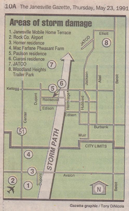 Newspaper Picture of Storm Path 1991 Tornado Path from 1991